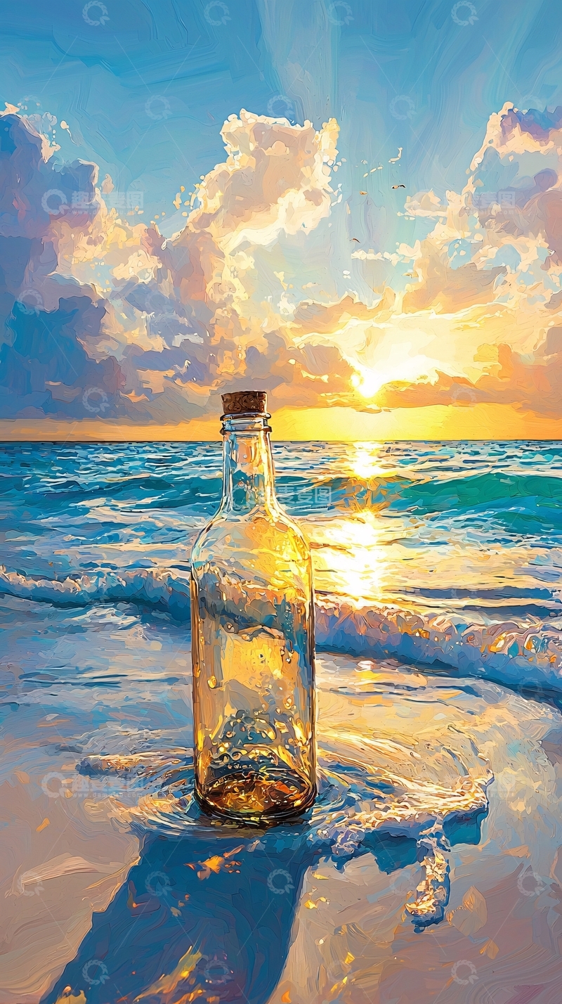 高清大图下载【趣麦麦图】海滩瓶子日落美景