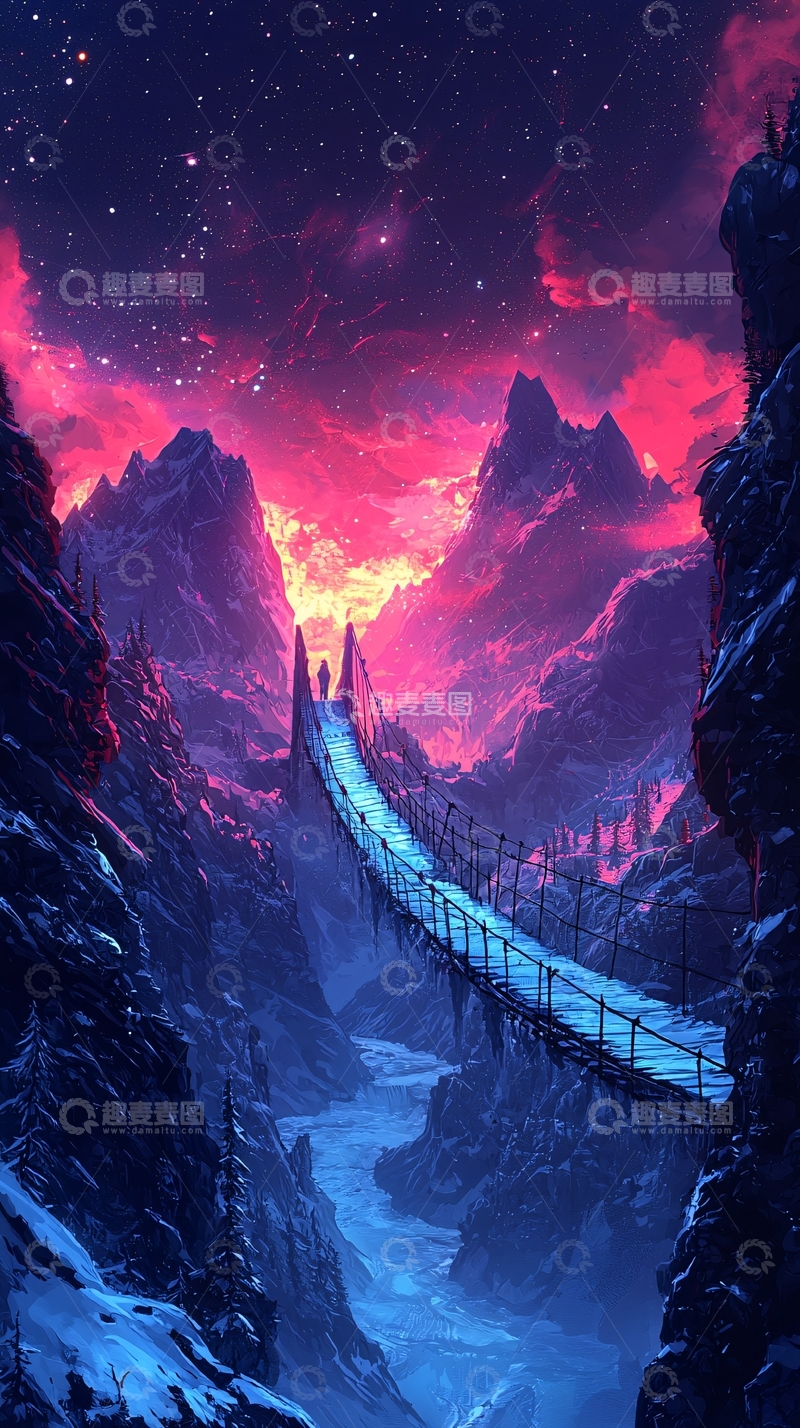 高清大图下载【趣麦麦图】奇幻夜空下的山间吊桥