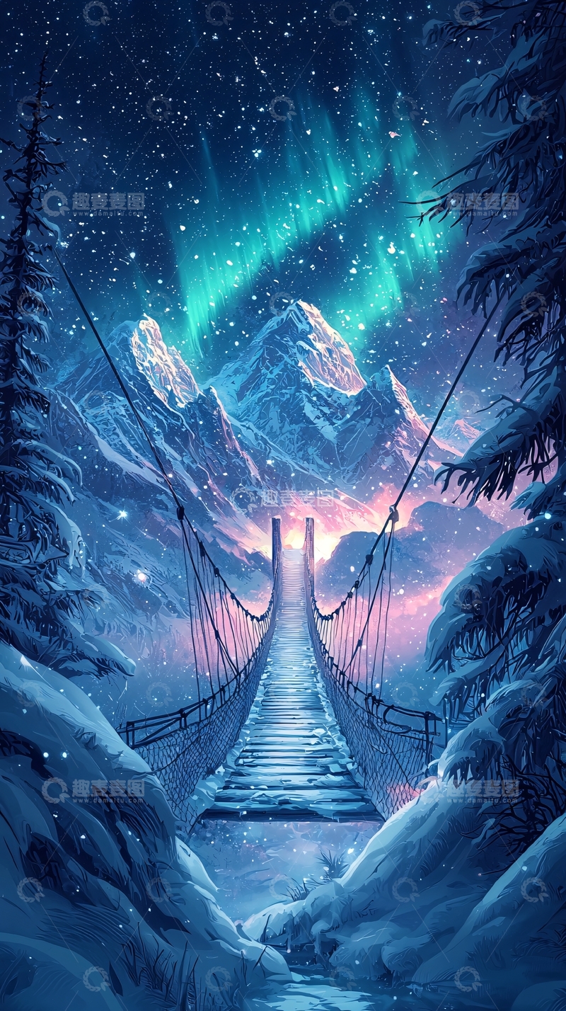高清大图下载【趣麦麦图】雪山极光吊桥