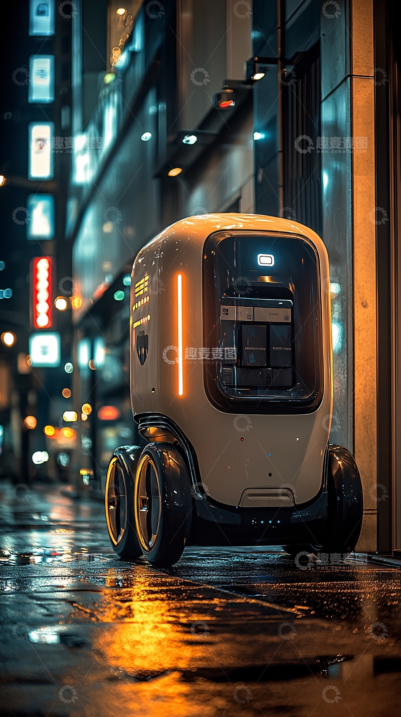 高清大图下载【趣麦麦图】夜间城市街道送货机器人