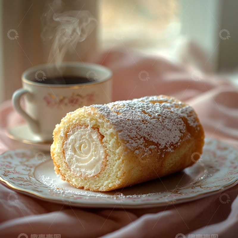 高清大图下载【趣麦麦图】精致蛋糕卷与热咖啡