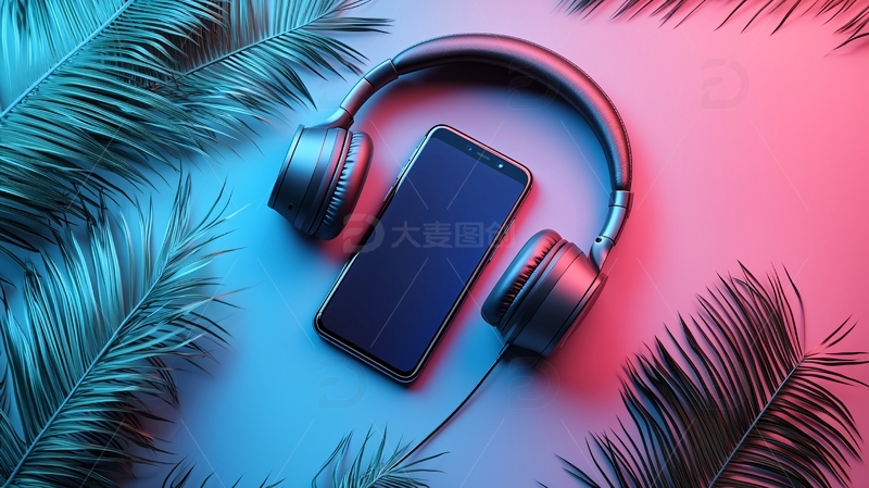 高清大图下载【趣麦麦图】手机耳机热带植物的时尚科技感