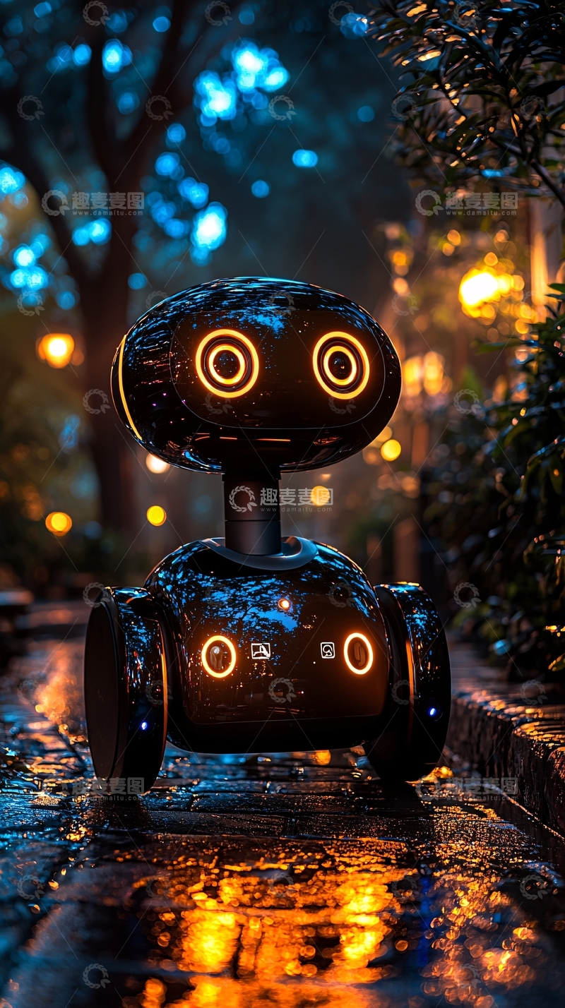 高清大图下载【趣麦麦图】夜晚公园的黑色机器人