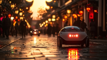 夜晚街道自动驾驶汽车