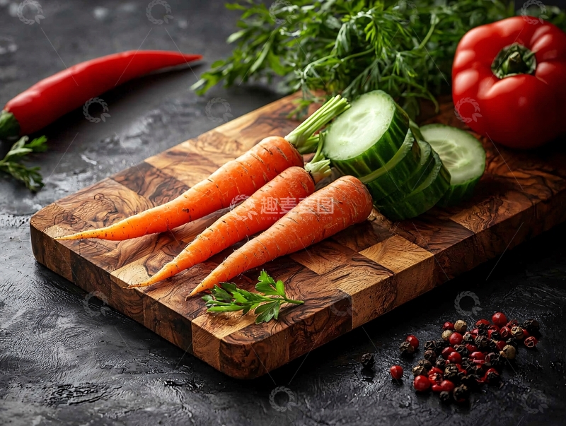 高清大图下载【趣麦麦图】新鲜蔬菜放在木制砧板上