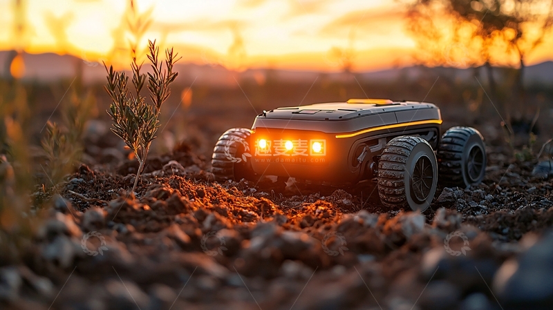 高清大图下载【趣麦麦图】黄昏下四轮驱动越野机器人