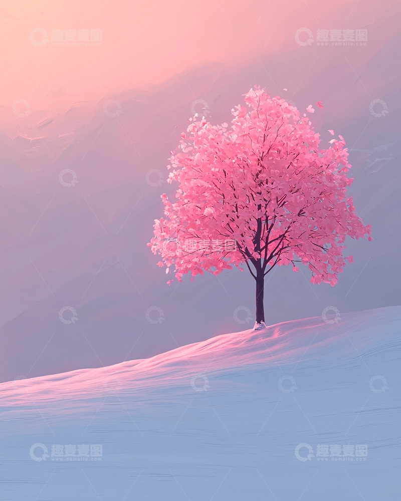 高清大图下载【趣麦麦图】粉色花树在雪地里