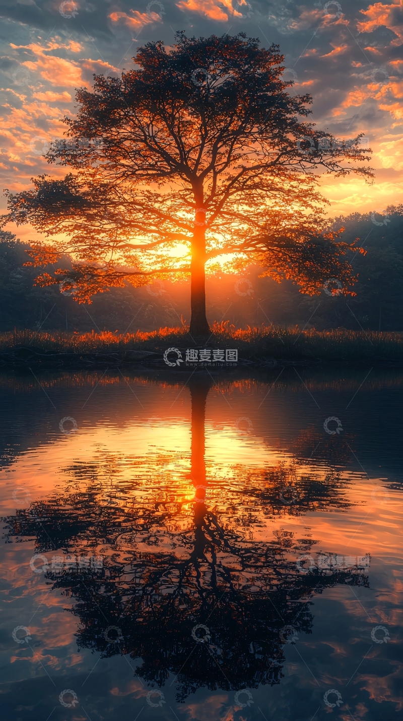 高清大图下载【趣麦麦图】日出树木倒影