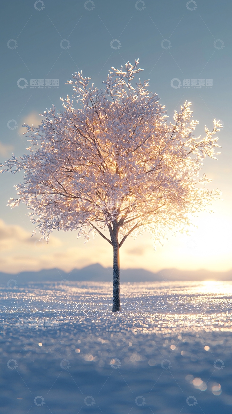 高清大图下载【趣麦麦图】雪地里孤立的树