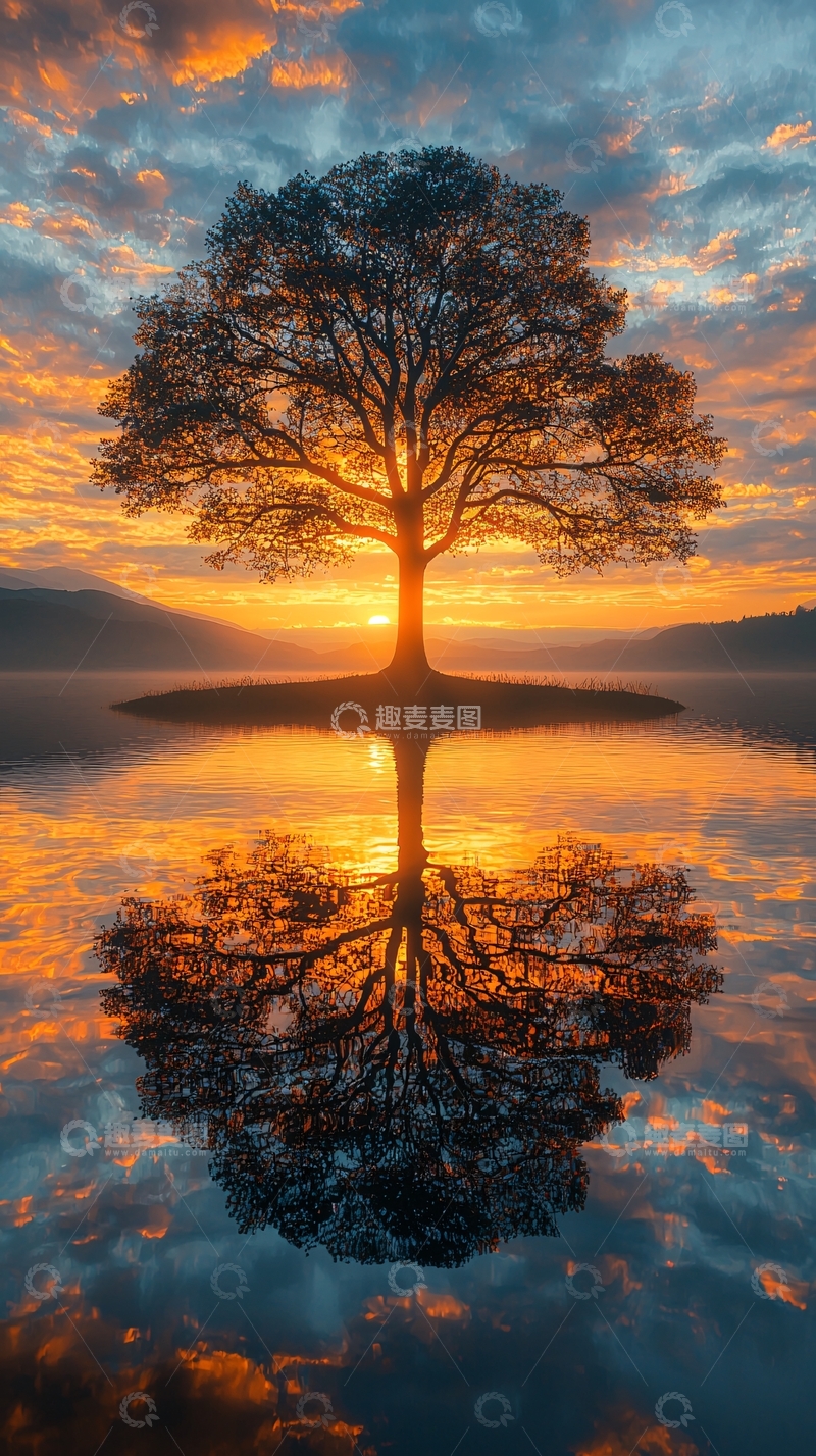 高清大图下载【趣麦麦图】日出湖边孤树倒影
