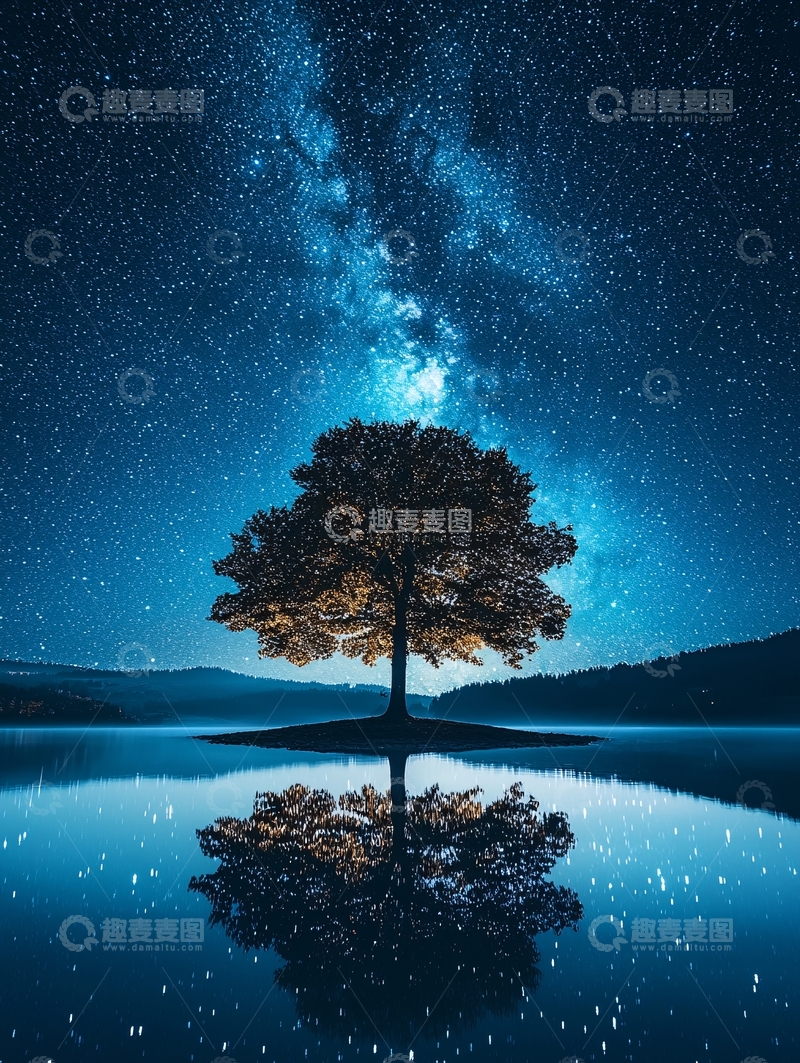 高清大图下载【趣麦麦图】湖中树木与星空的倒影