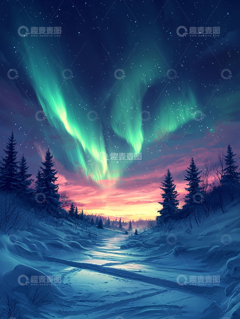 高清大图下载【趣麦麦图】极光下的雪地森林