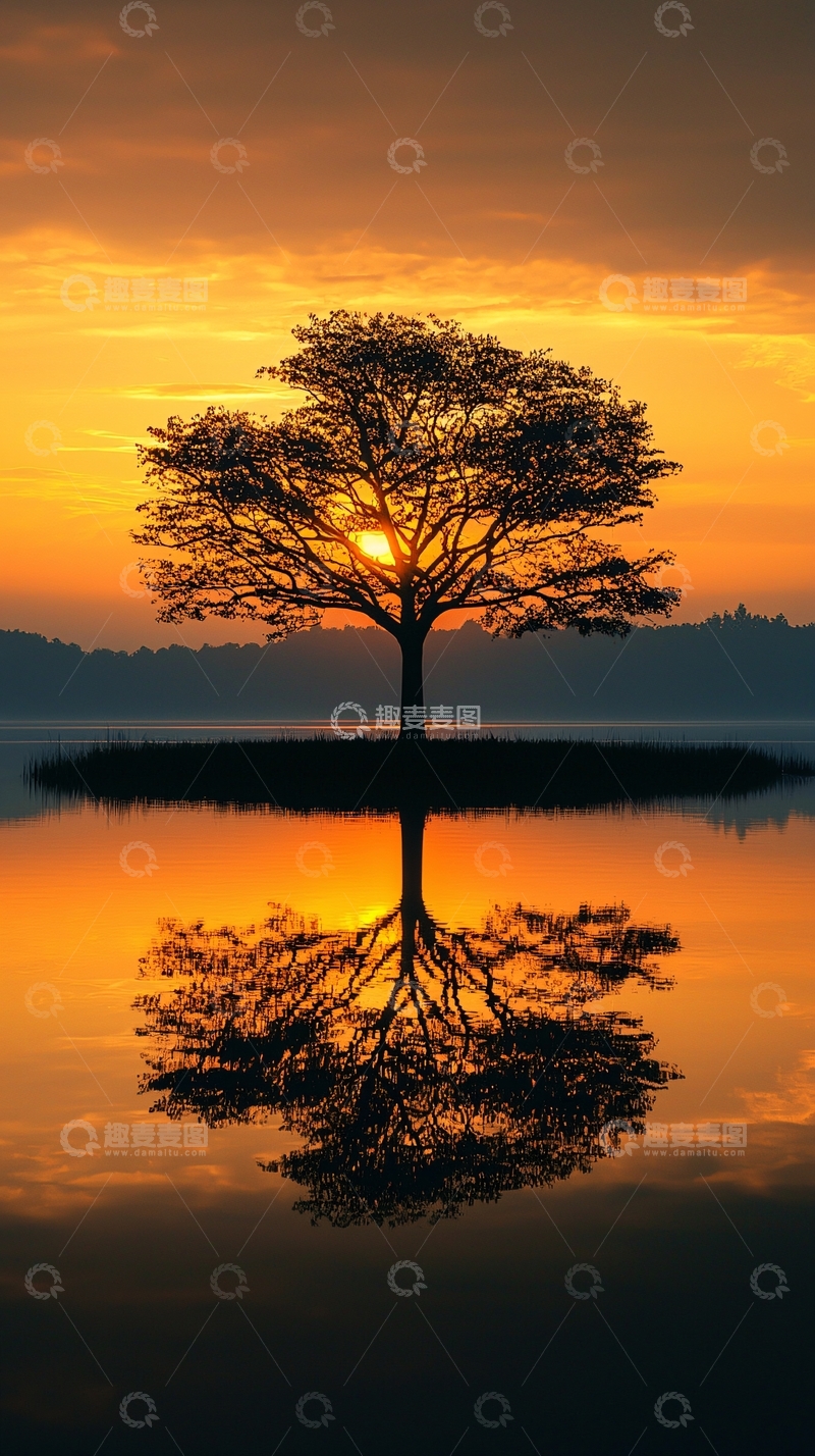 高清大图下载【趣麦麦图】湖中孤树的日落倒影
