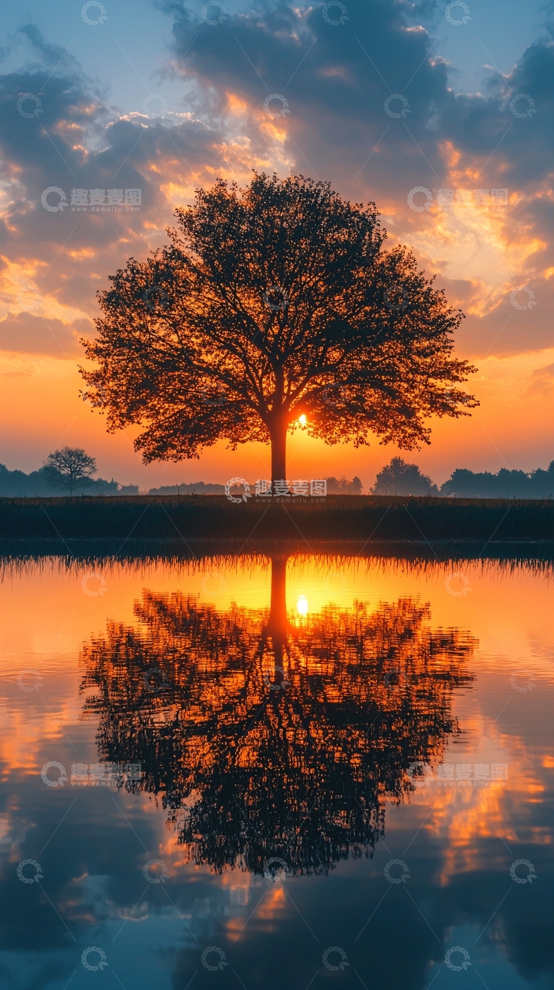 高清大图下载【趣麦麦图】日出树木倒影