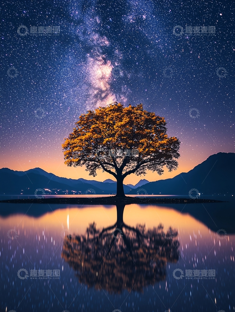 高清大图下载【趣麦麦图】星空下的孤独树