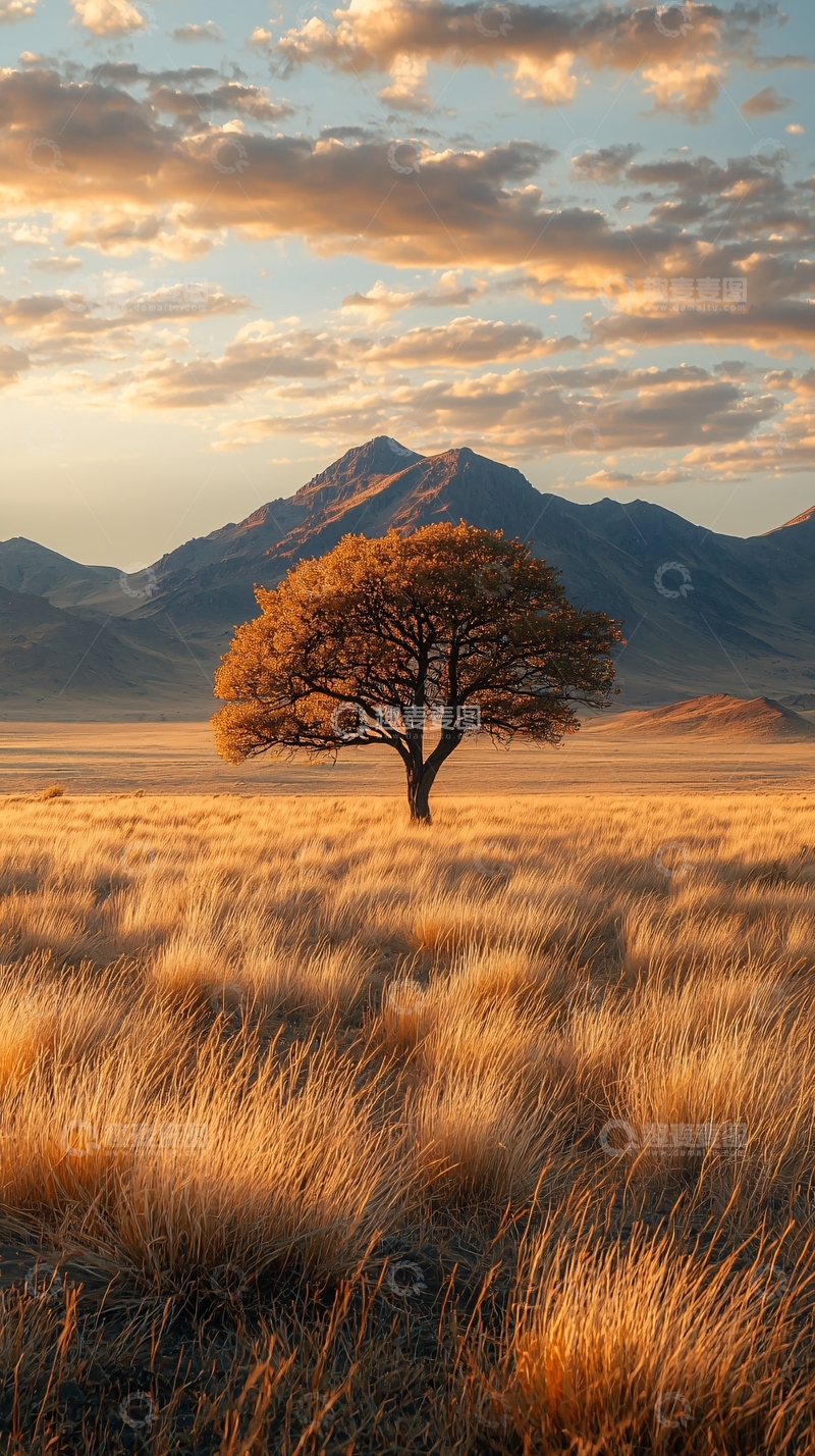 高清大图下载【趣麦麦图】孤独树在金黄色草原