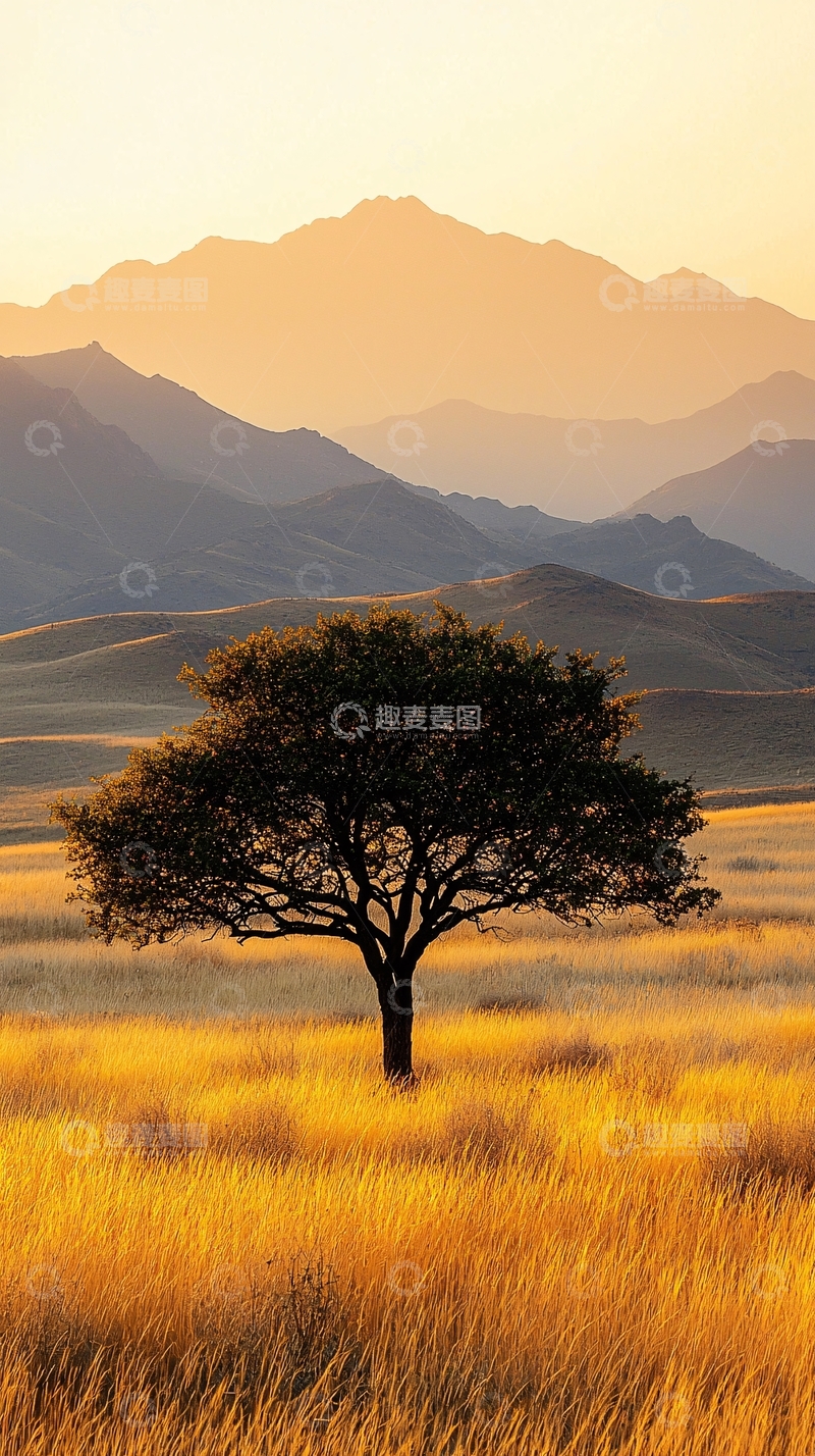 高清大图下载【趣麦麦图】黄昏草原孤树剪影