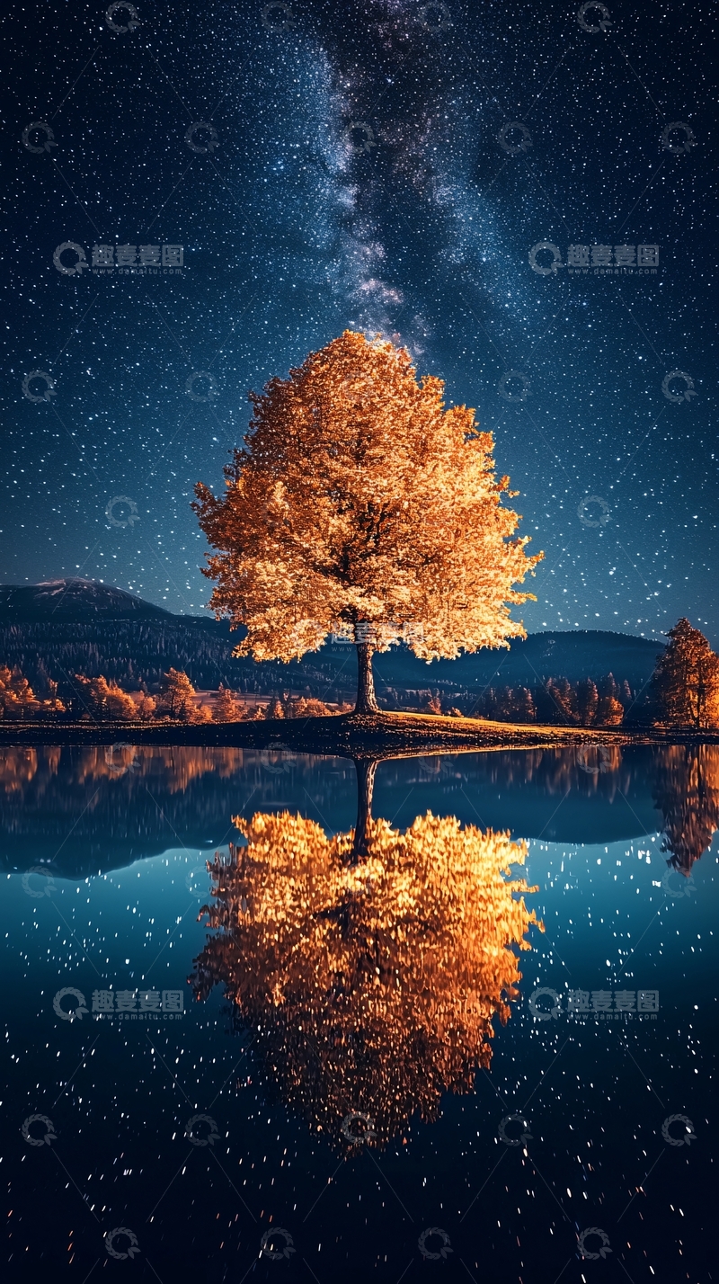 高清大图下载【趣麦麦图】孤树倒影星空夜景