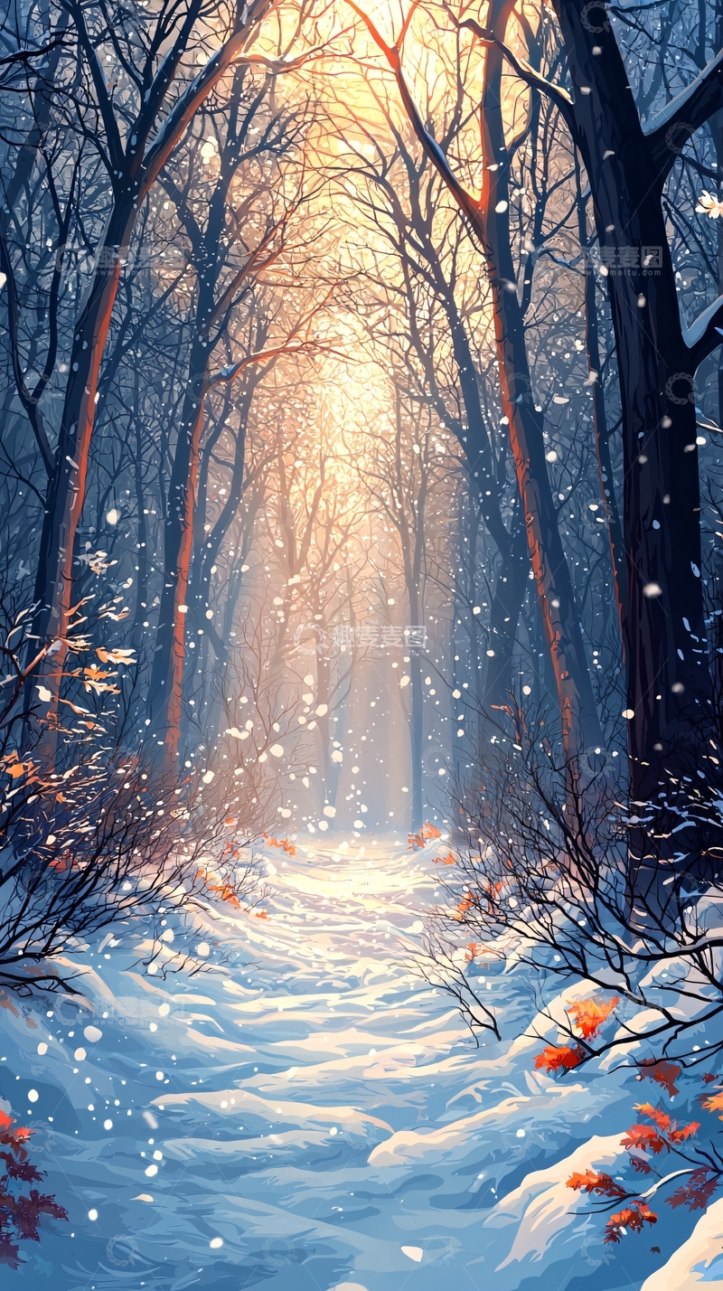 高清大图下载【趣麦麦图】冬日森林雪景阳光