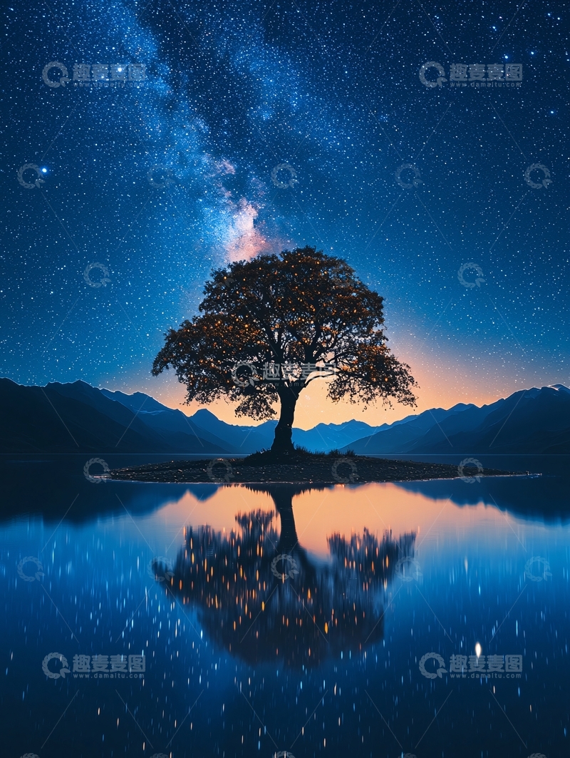 高清大图下载【趣麦麦图】孤树星空倒影