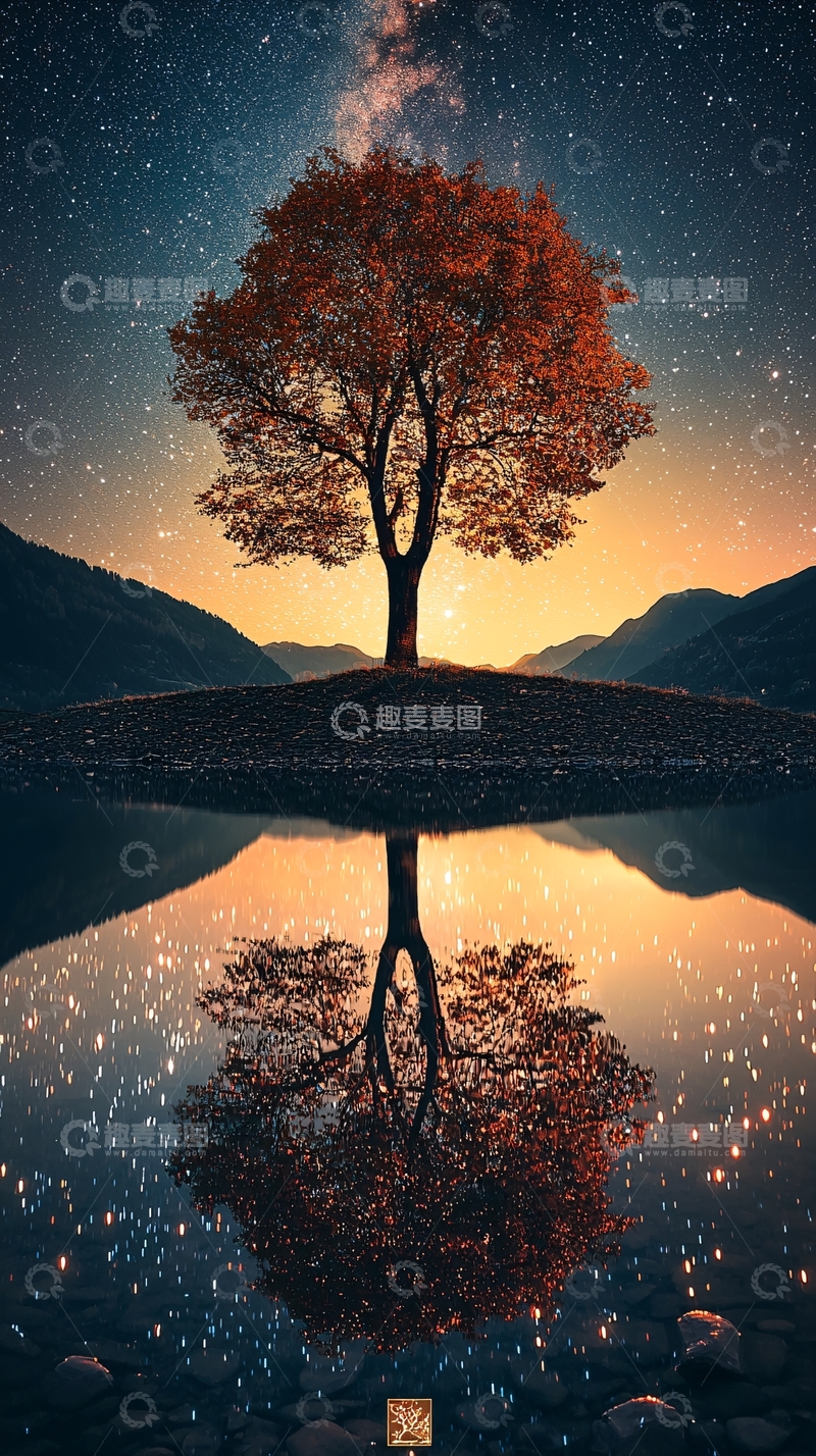 高清大图下载【趣麦麦图】孤树星空倒影宁静夜