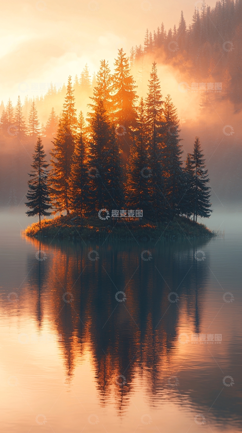 高清大图下载【趣麦麦图】湖中小岛森林日出