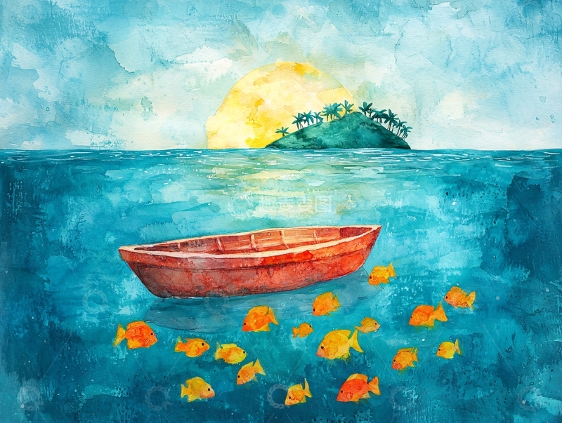 高清大图下载【趣麦麦图】水彩海景小岛小船