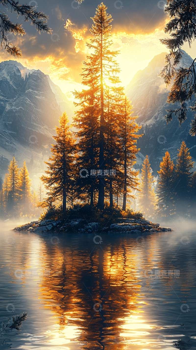 高清大图下载【趣麦麦图】湖中孤岛与日出美景