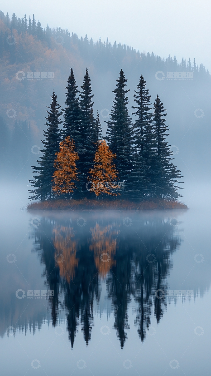 高清大图下载【趣麦麦图】雾气笼罩湖中岛屿