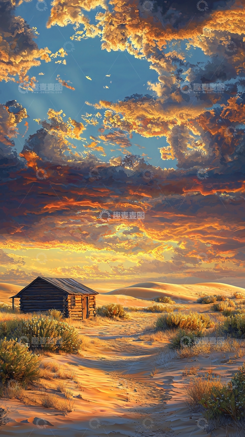 高清大图下载【趣麦麦图】荒漠小屋日落美景