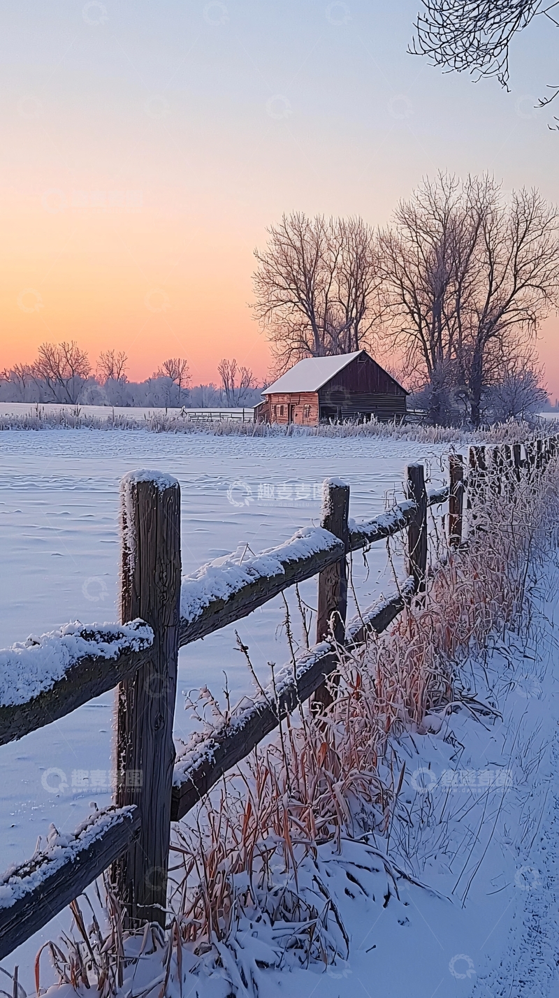 高清大图下载【趣麦麦图】雪后田野农舍日出