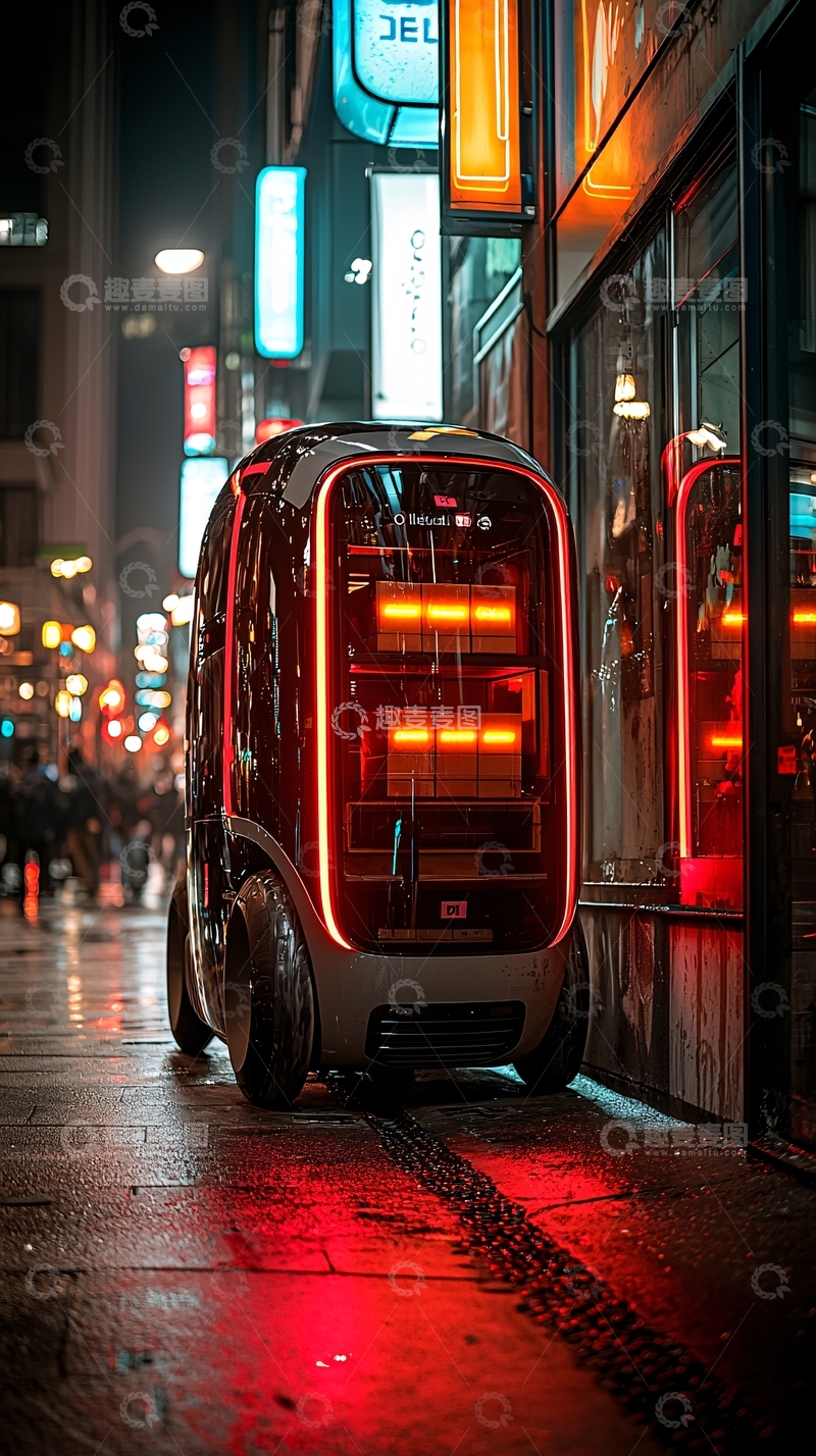 高清大图下载【趣麦麦图】夜晚街道自动驾驶送货机器人