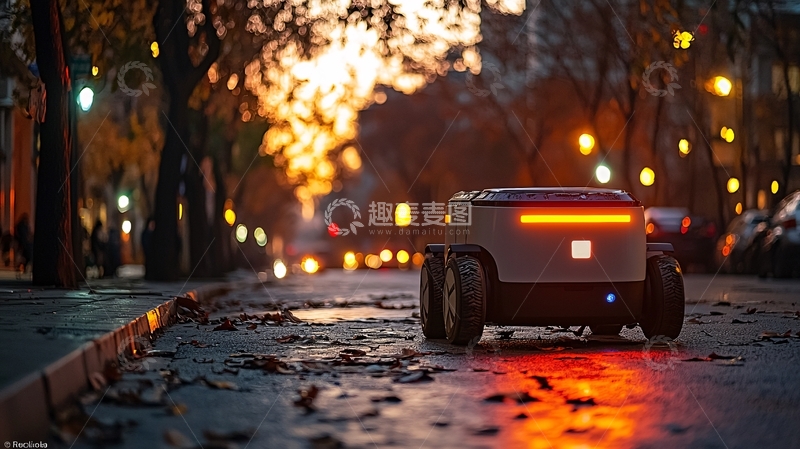 高清大图下载【趣麦麦图】夜晚街道自动驾驶送货机器人