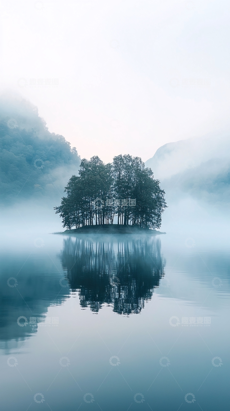高清大图下载【趣麦麦图】湖中小岛的树木倒影