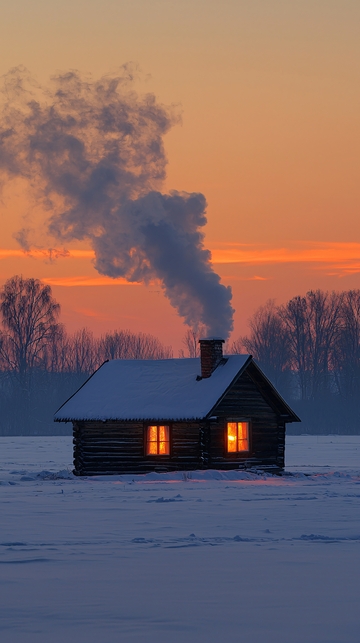 冬日小屋雪景暖光