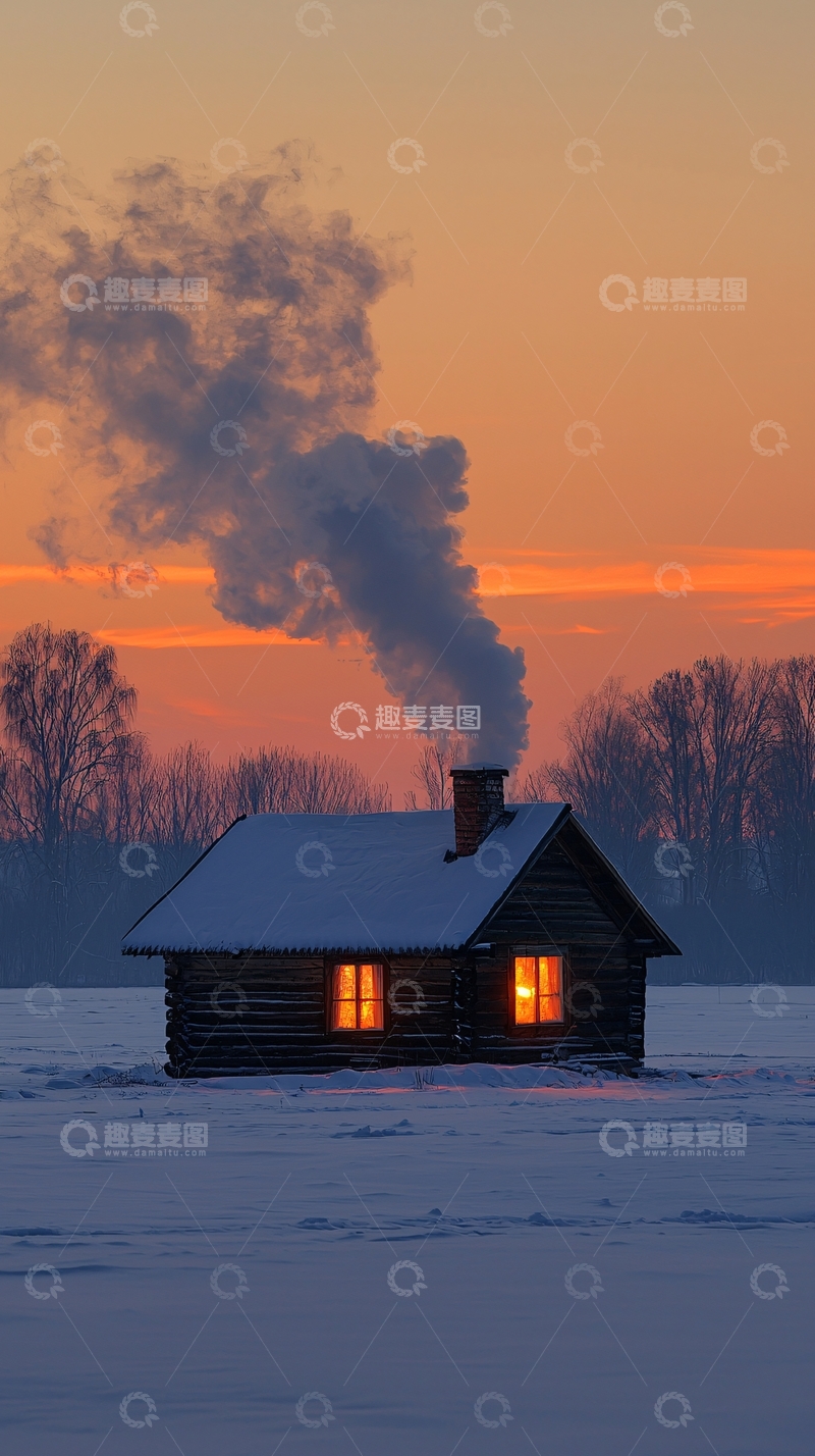 高清大图下载【趣麦麦图】冬日小屋雪景暖光