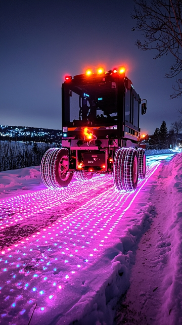 夜间雪地越野车灯光秀