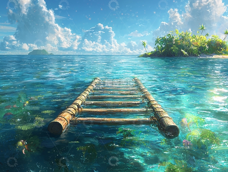 高清大图下载【趣麦麦图】海岛平静水面上的木梯