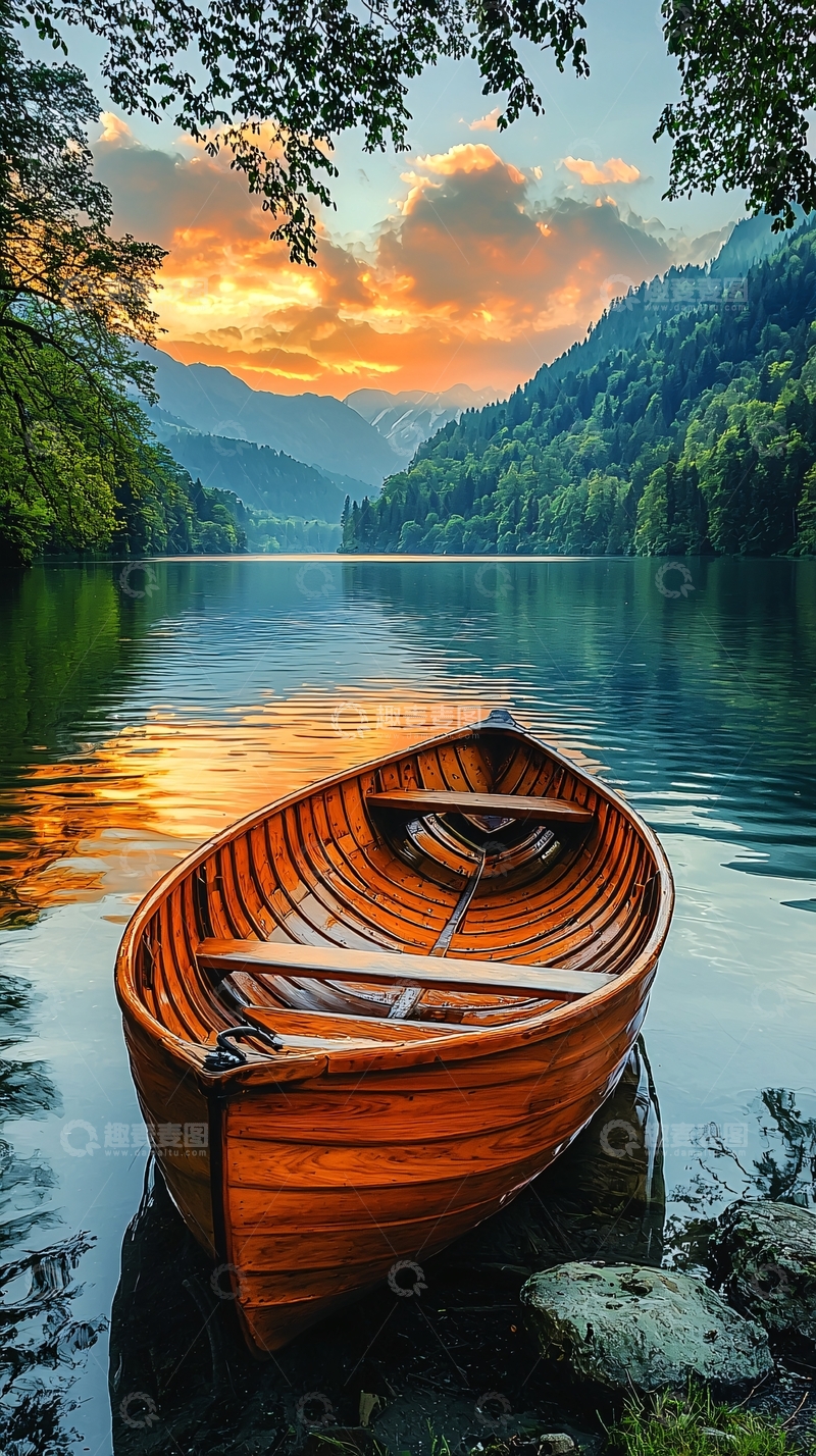高清大图下载【趣麦麦图】平静湖面上的木船日落