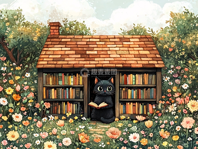 高清大图下载【趣麦麦图】黑猫读书的小书屋