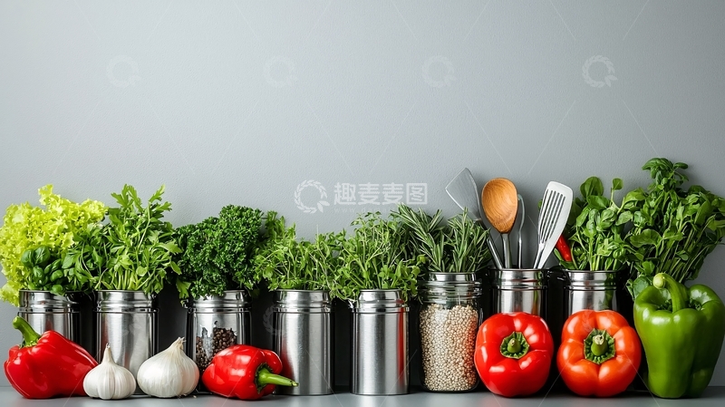 高清大图下载【趣麦麦图】新鲜蔬菜和香料的厨房场景