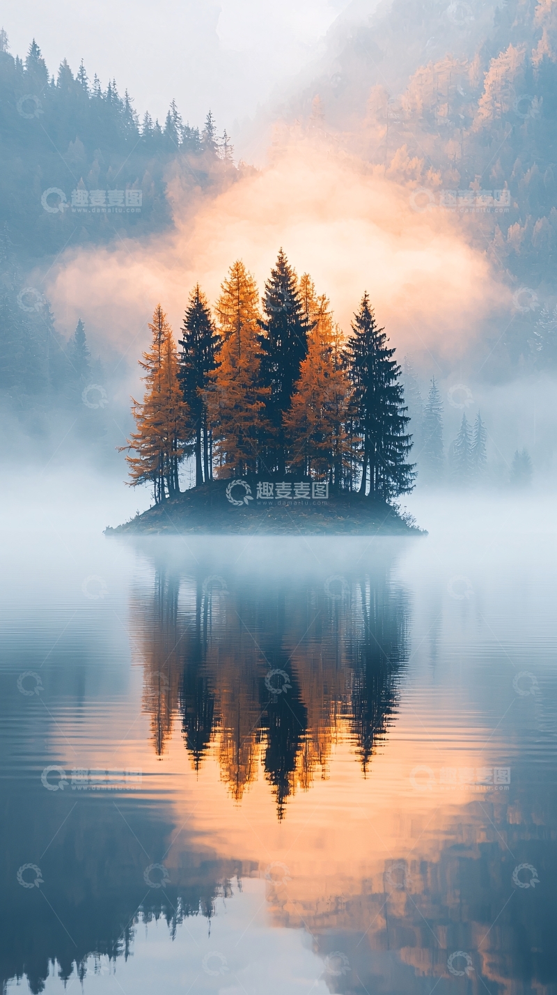 高清大图下载【趣麦麦图】雾气森林湖泊倒影