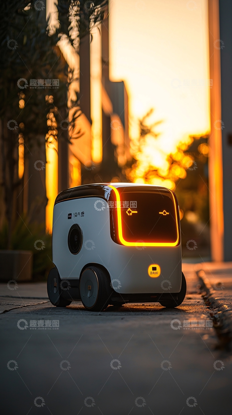 高清大图下载【趣麦麦图】夕阳下的小型送货机器人