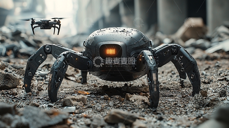 高清大图下载【趣麦麦图】废墟中蜘蛛机器人