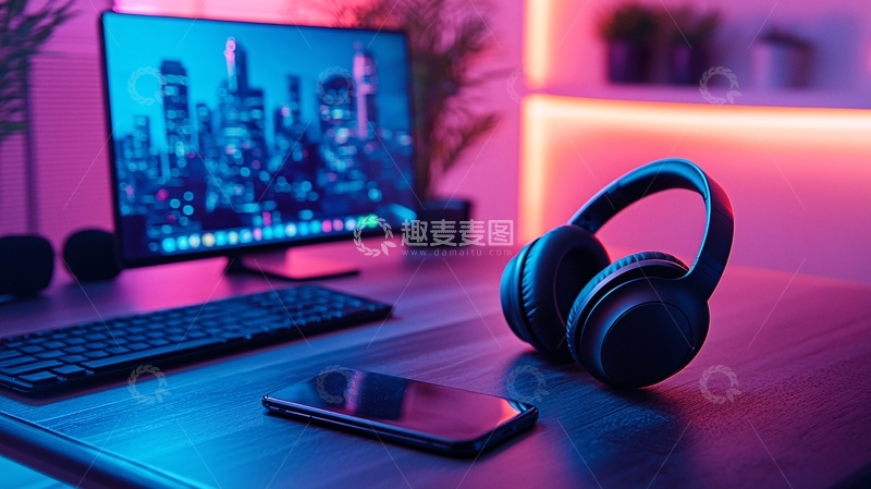 高清大图下载【趣麦麦图】电脑桌上的耳机和手机