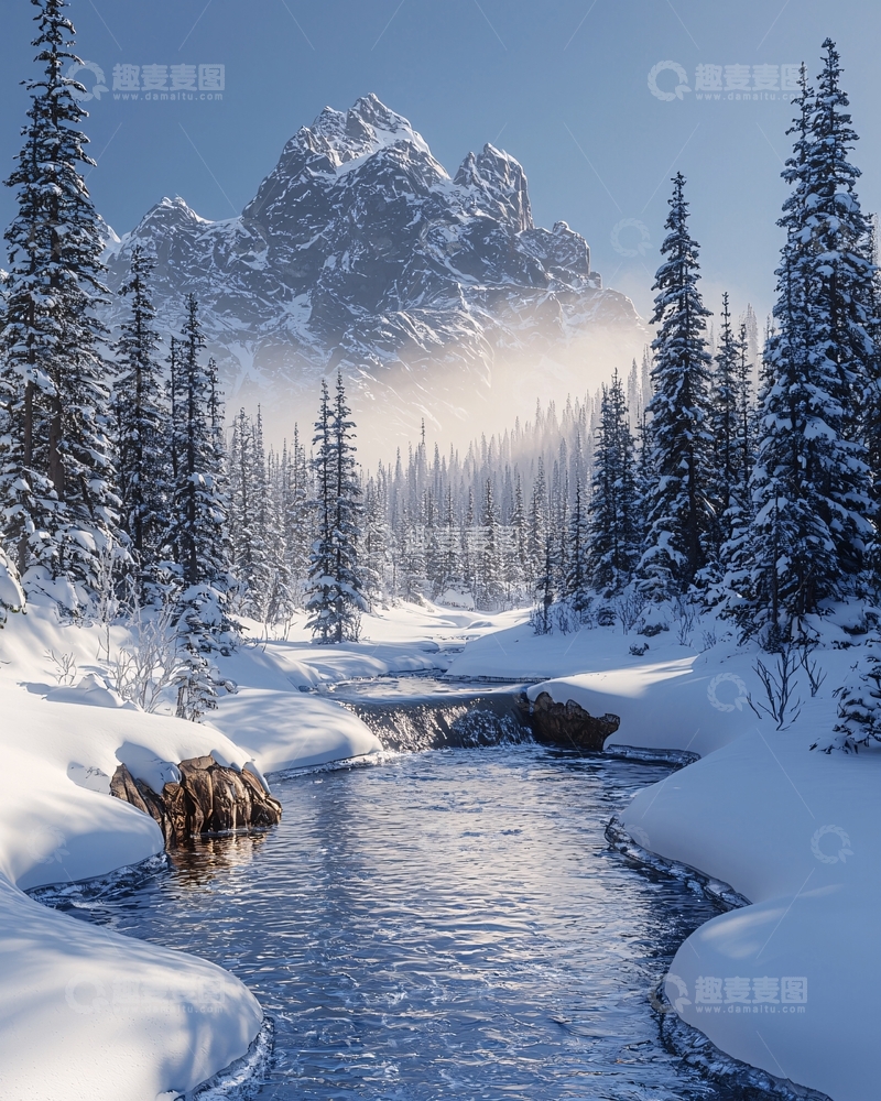 高清大图下载【趣麦麦图】雪山河流森林