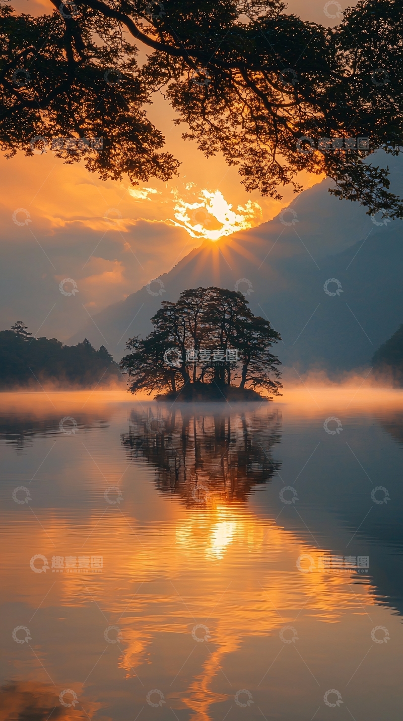 高清大图下载【趣麦麦图】宁静湖面日出倒影