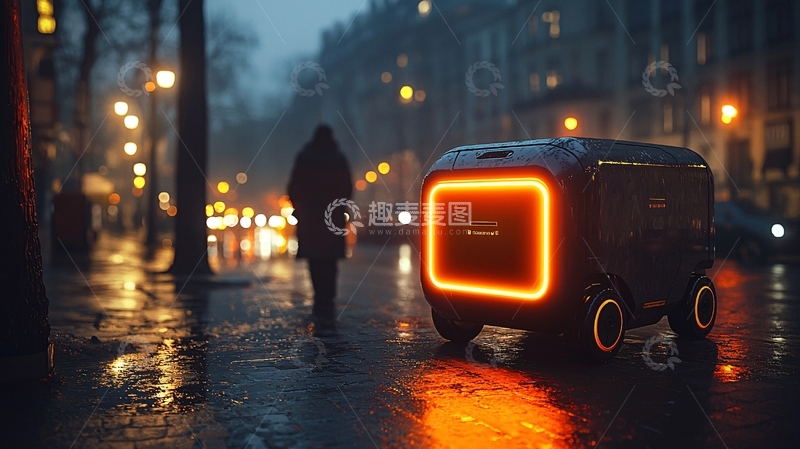 高清大图下载【趣麦麦图】雨夜街道送货机器人