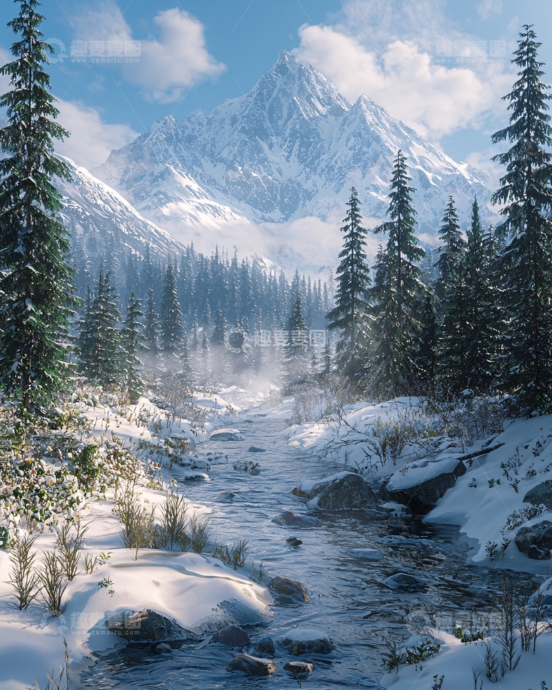 高清大图下载【趣麦麦图】雪山森林小溪冬日美景