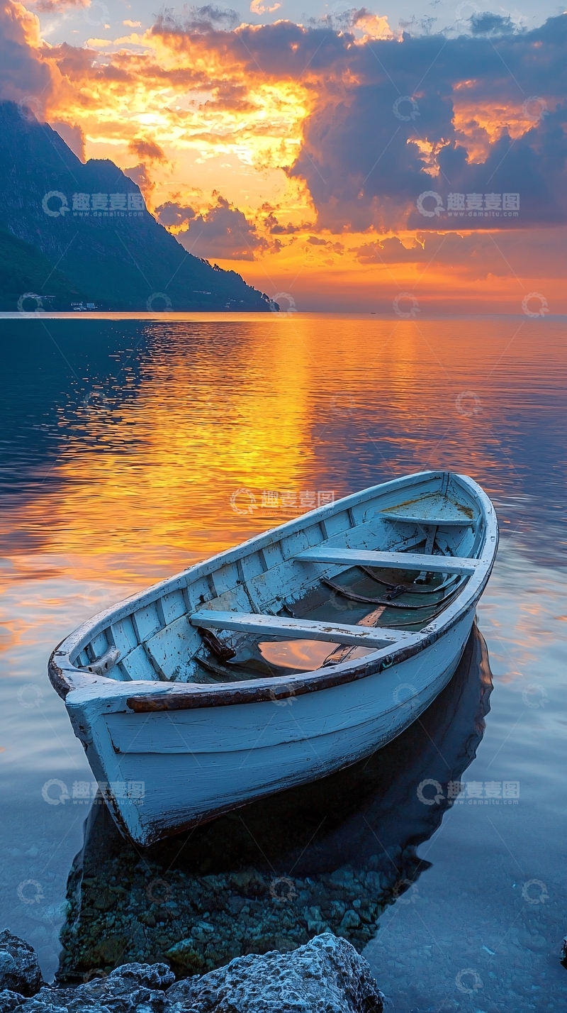 高清大图下载【趣麦麦图】湖面小船与壮丽日落
